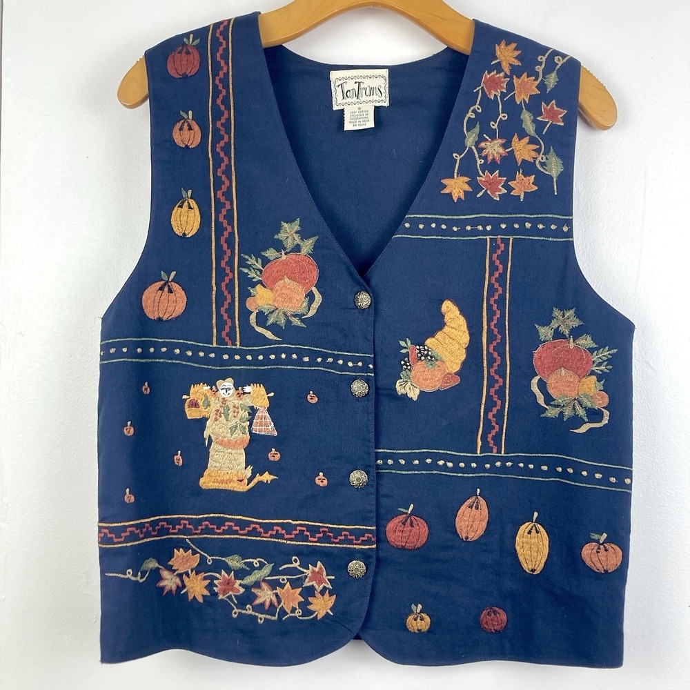 Vintage VTG 90s TanTrums Navy Blue Embroidered Vest Fall Thanksgiving Pumpkin S